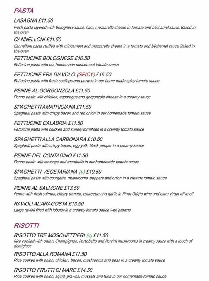 Menu at Juliano's restaurant, Grantham