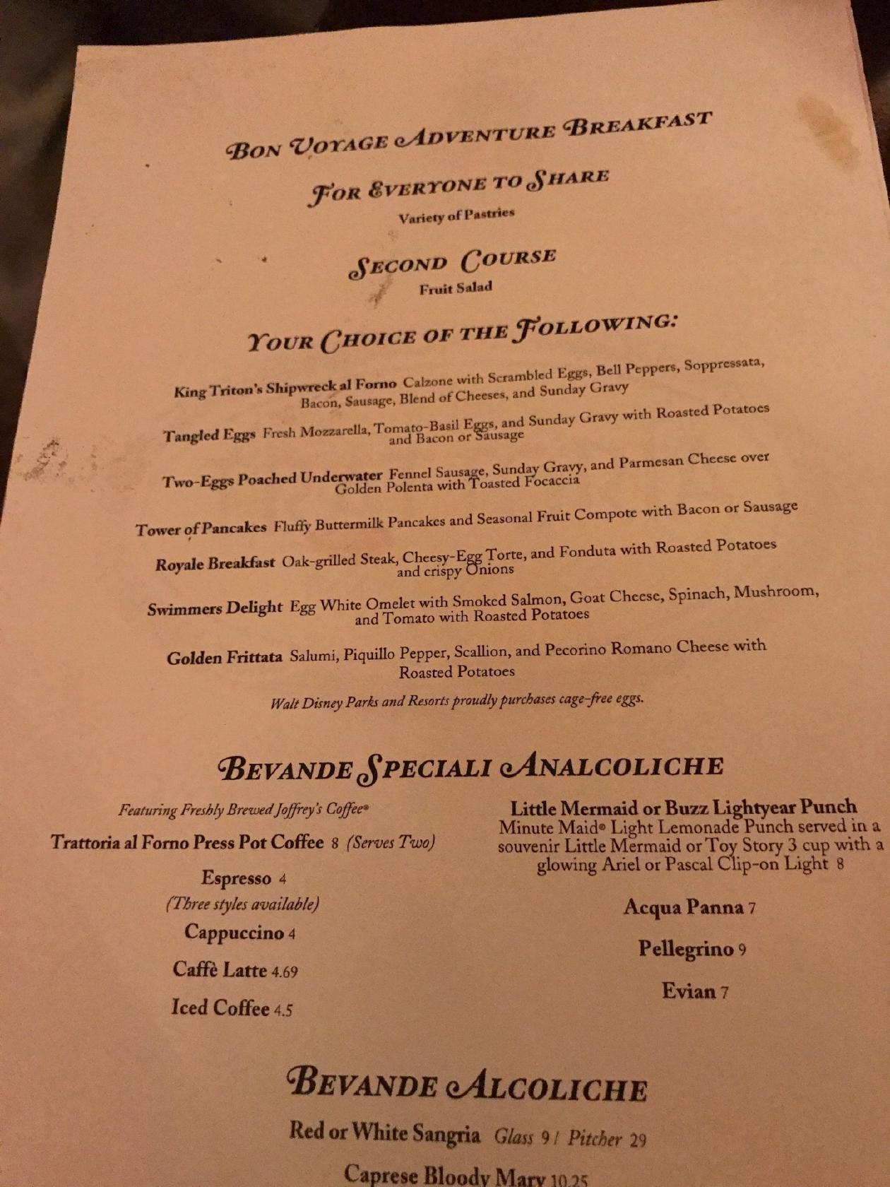 Menu at Bon Voyage Adventure Breakfast restaurant, Lake Buena Vista