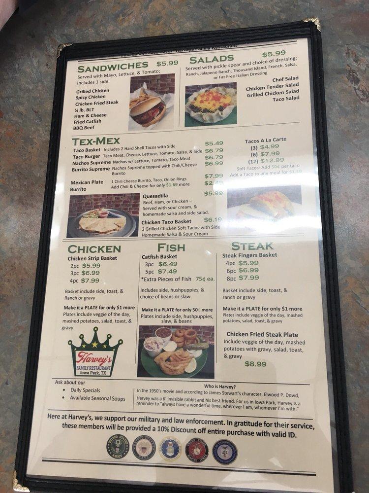 Menu at Harvey's Family Restaurant, Iowa Park