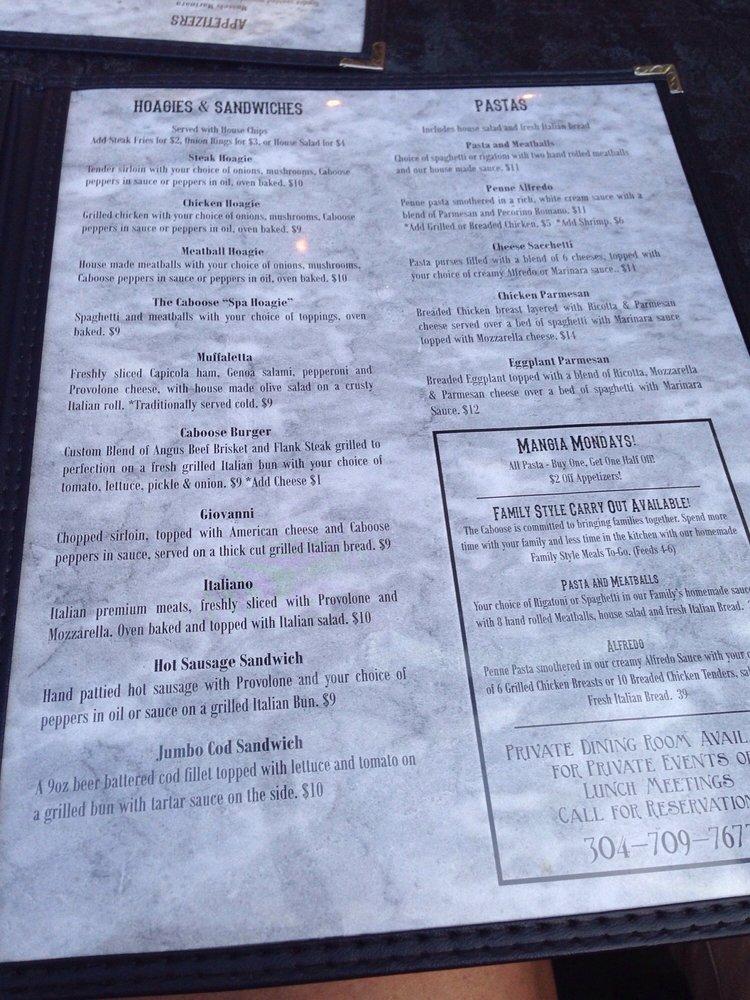 Menu at The Caboose restaurant, Clarksburg