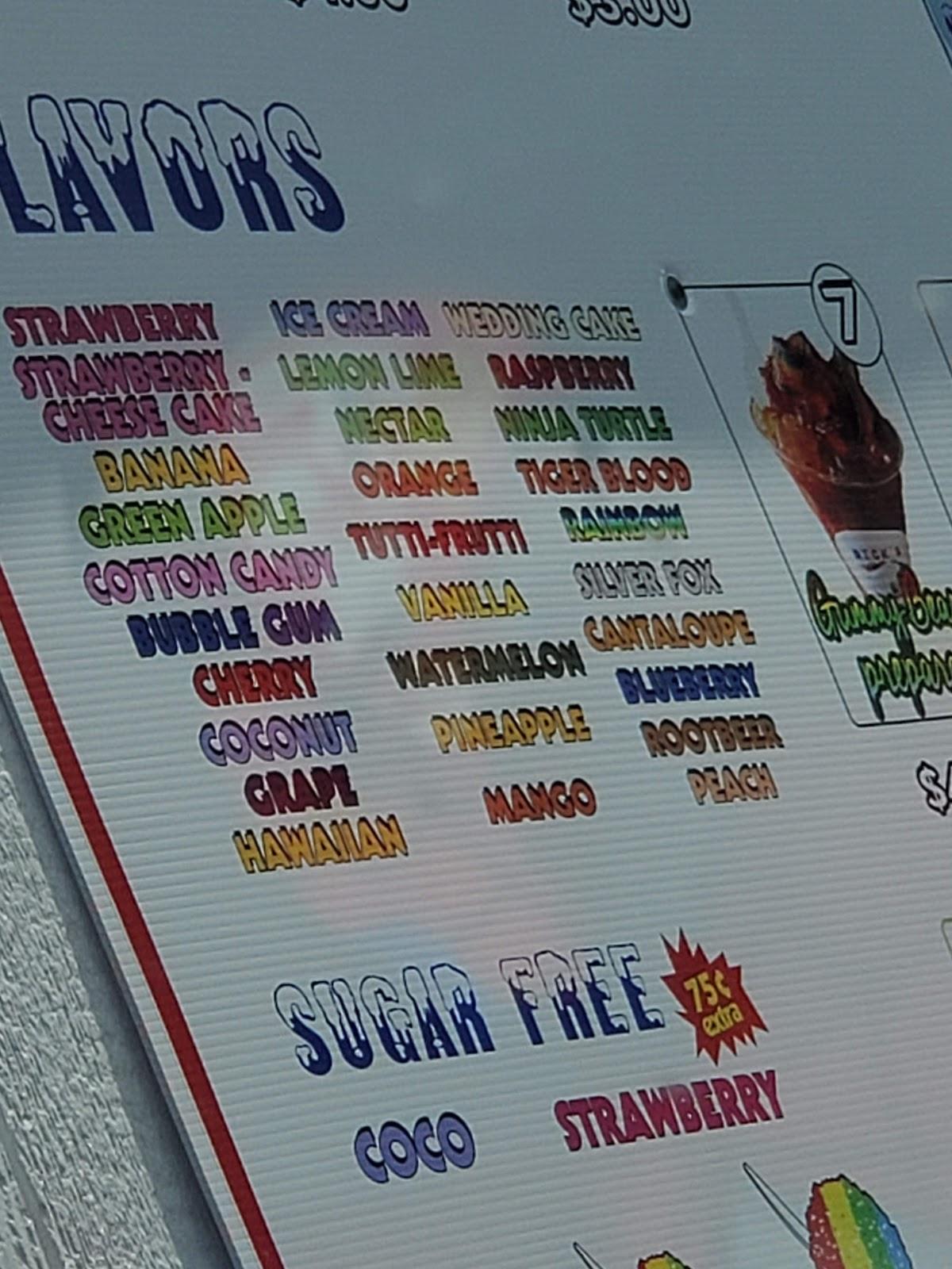 Menu at Rick's Snow House restaurant, Beeville