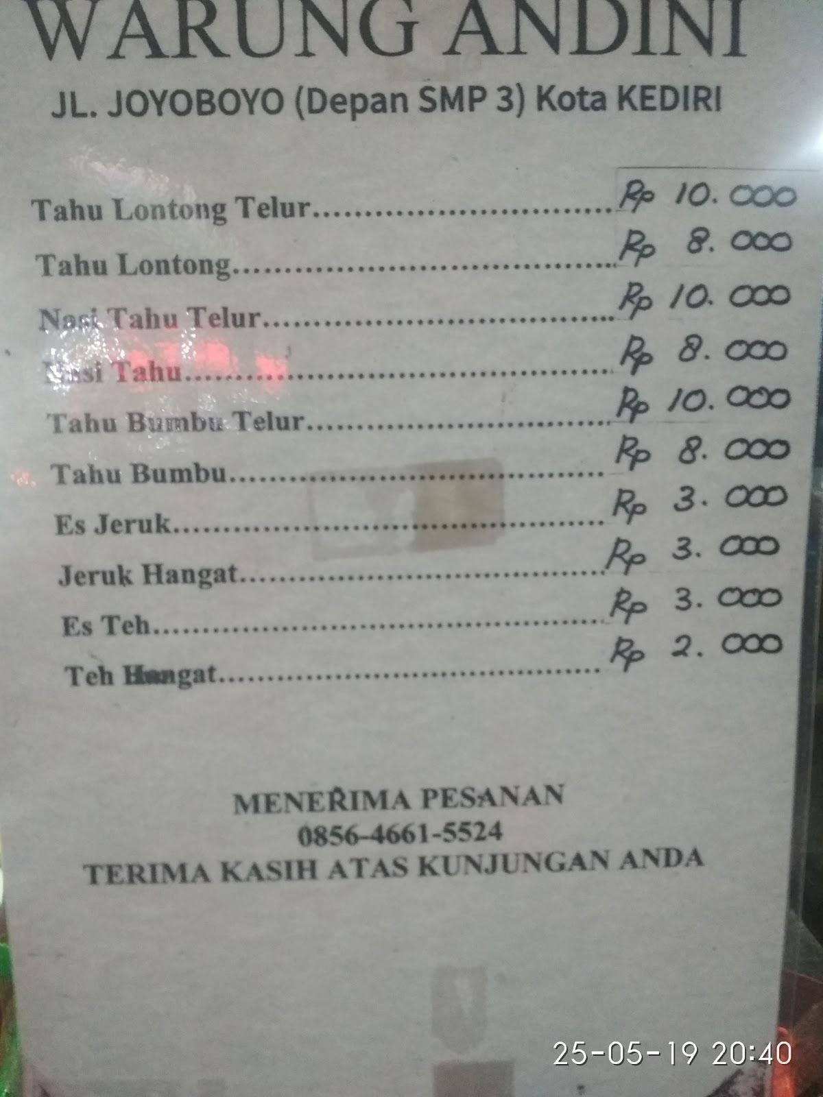 Menu at Warung ANDINI restaurant, Kediri
