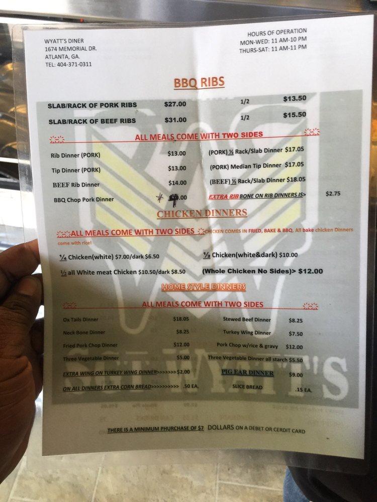 Menu at Wyatt's Country BBQ, Atlanta
