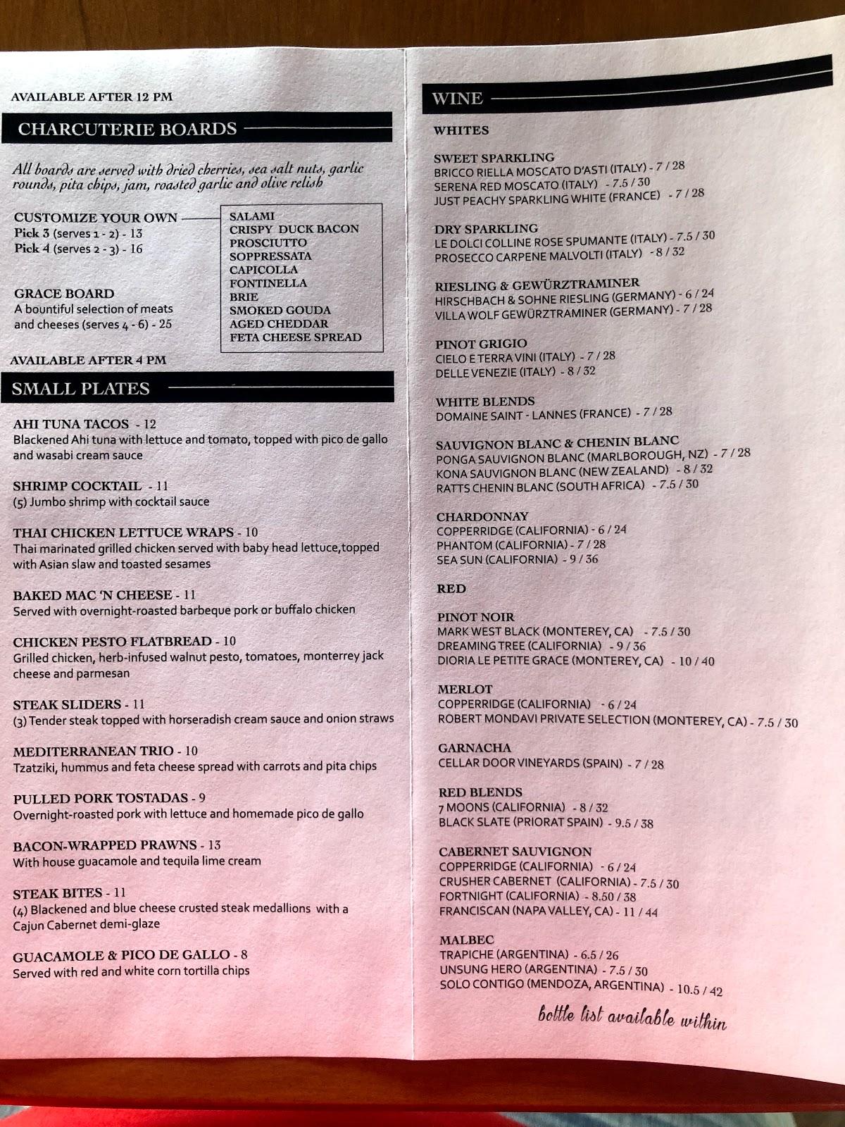 Menu at Grace Coffee and Wine pub & bar, Yorkville