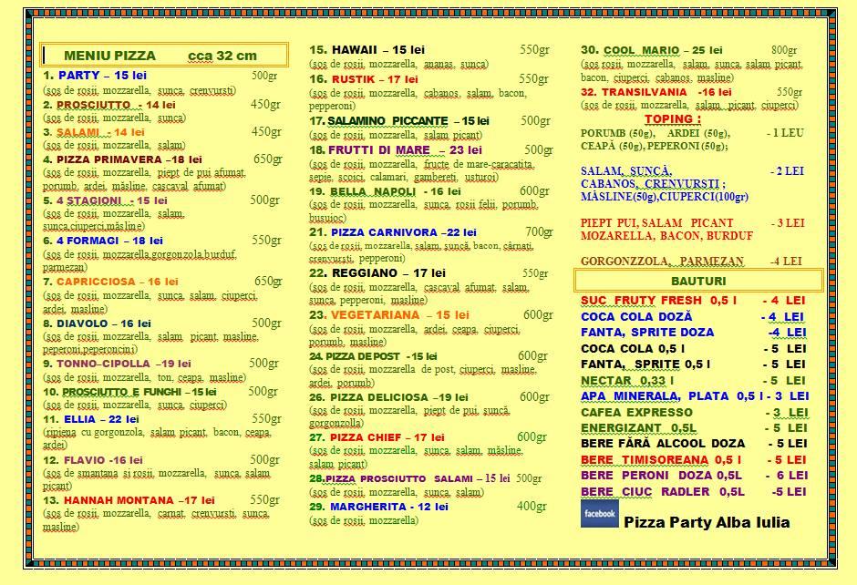 Menu at Pizza Party, Alba Iulia