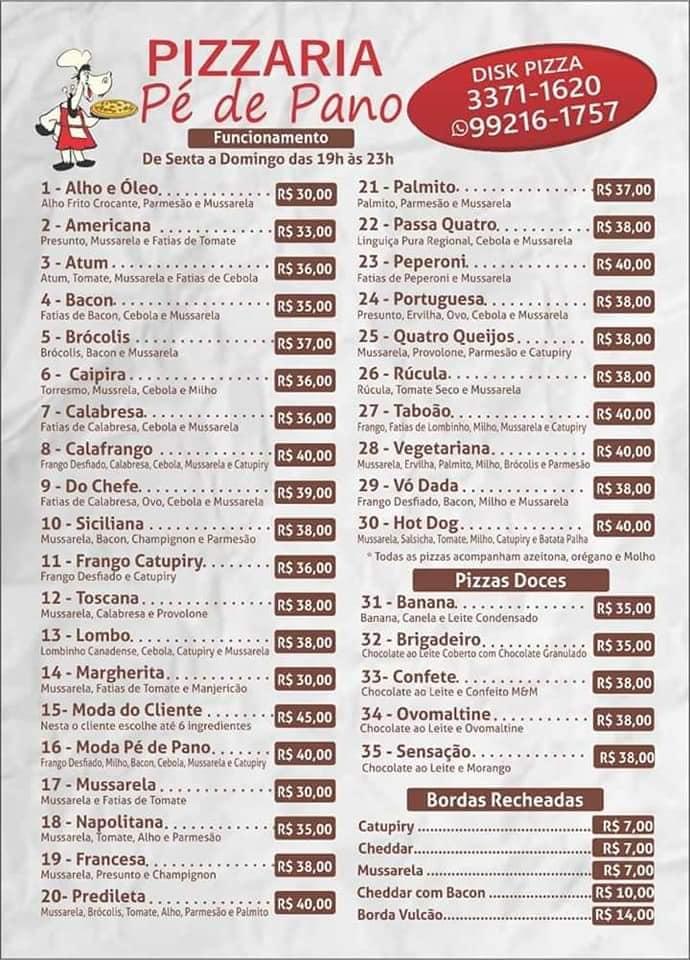 Menu Em Pizzaria Rancho P De Pano Brasil Estr Do Tabo O Mg