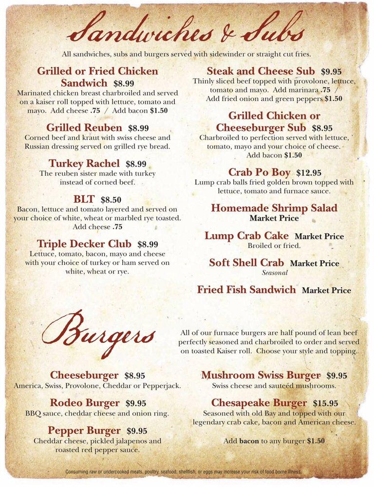 Menu at The Furnace Grill and Crab House pub & bar, Thurmont