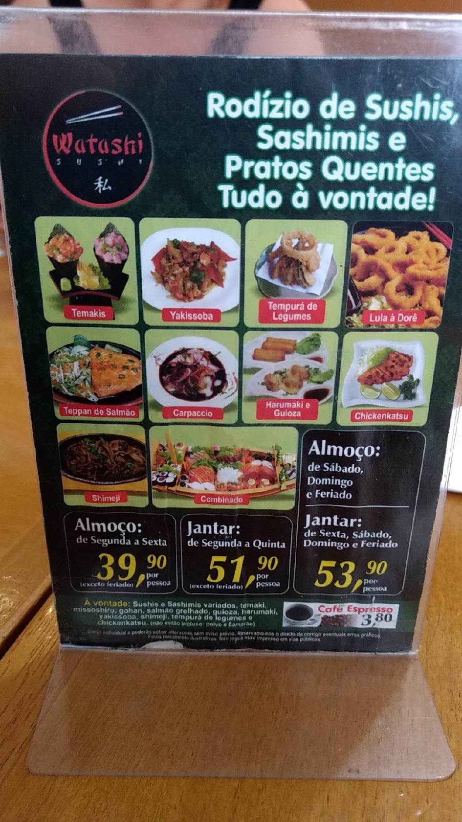 Menu at Watashi Sushi restaurant, Piracicaba