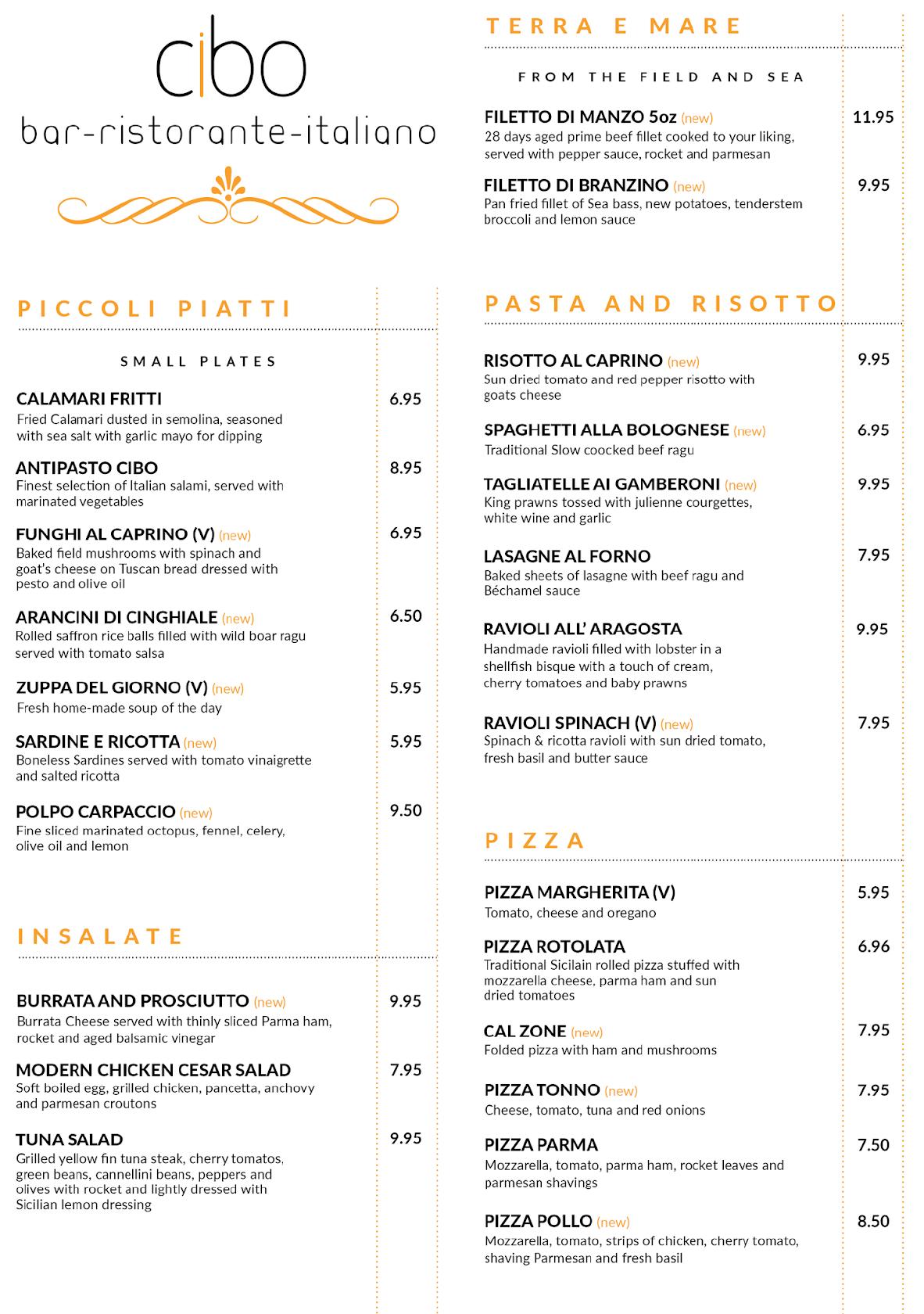 Menu at Cibo Hale restaurant, Hale