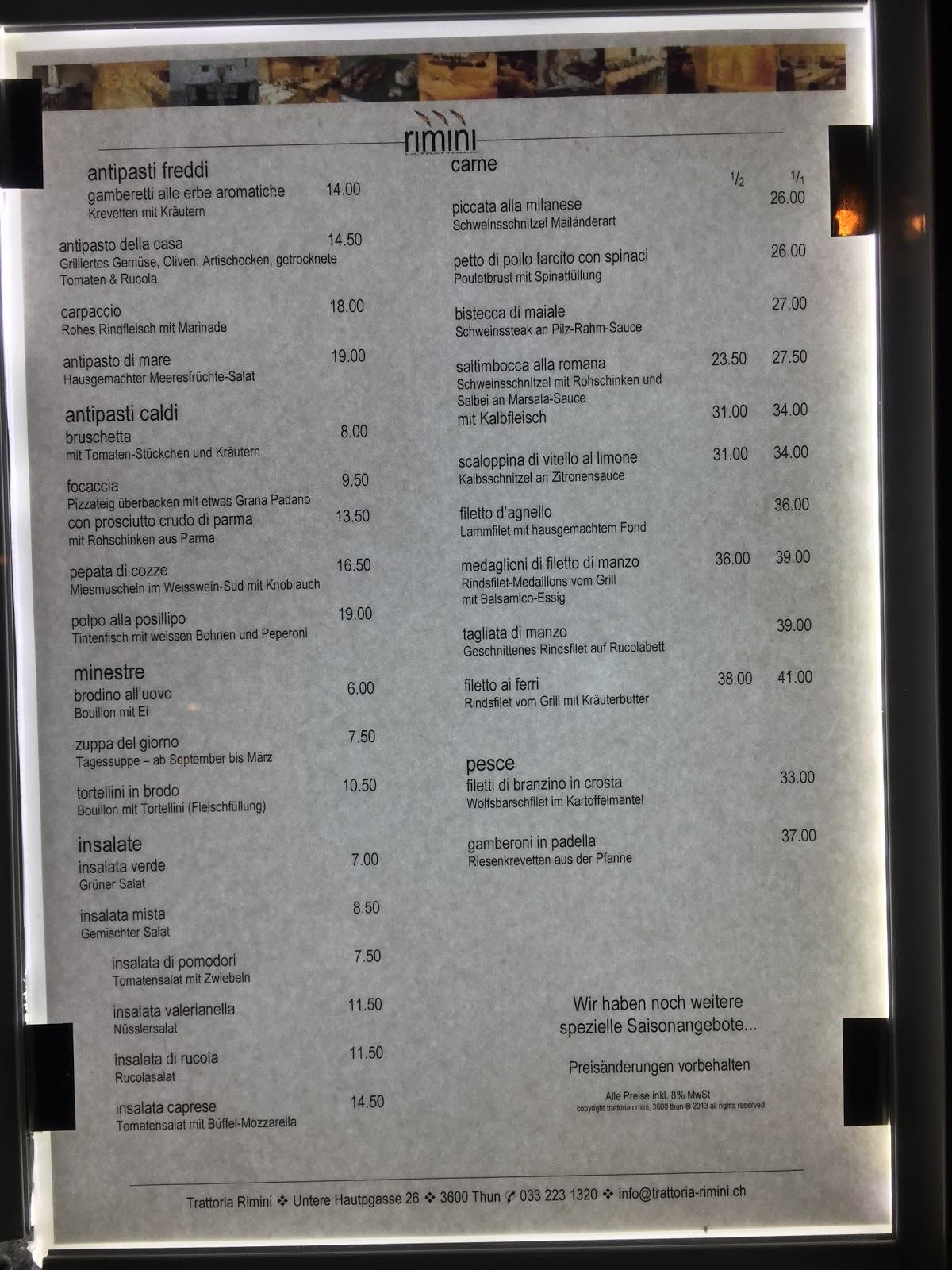 Menu at Rimini Bar, Zürich