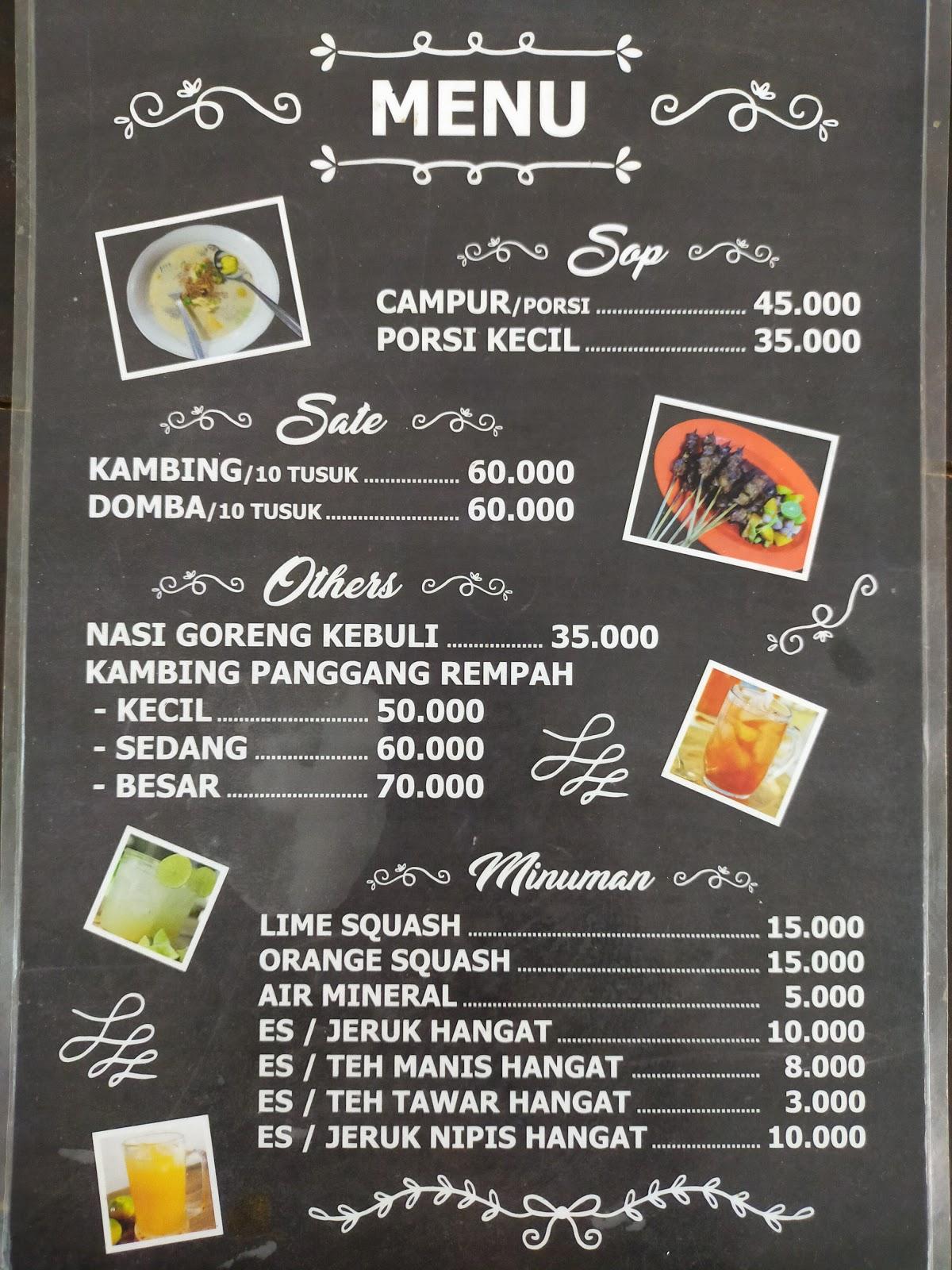 Menu at Sop Kaki Kambing & Sate Tiga Saudara restaurant, Makassar