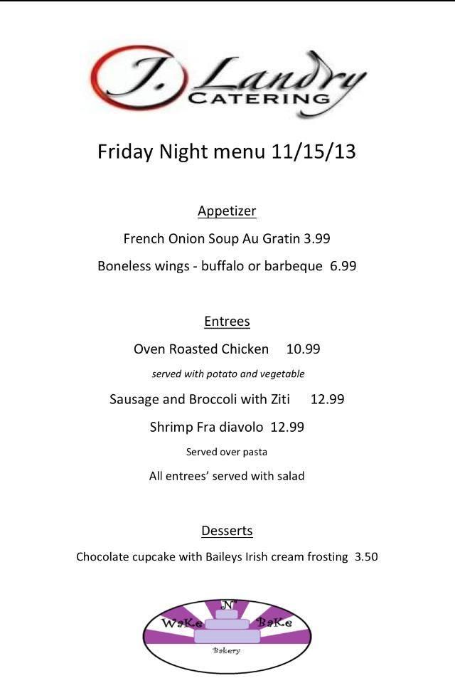 Menu at J. Landry Catering restaurant, Naugatuck