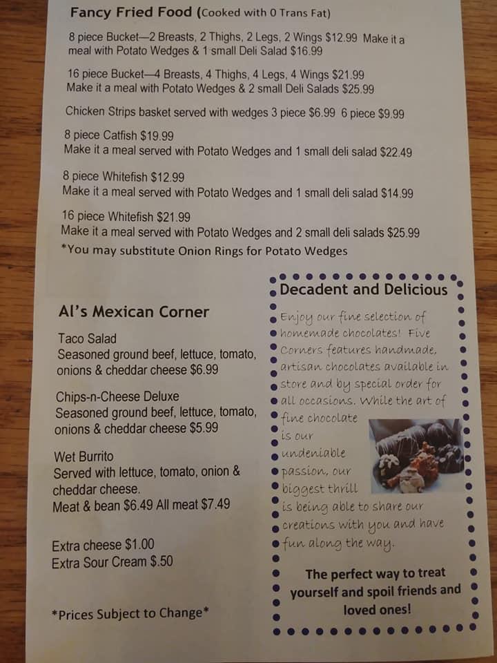 Carta de pizzería Five Corner Store, Estados Unidos