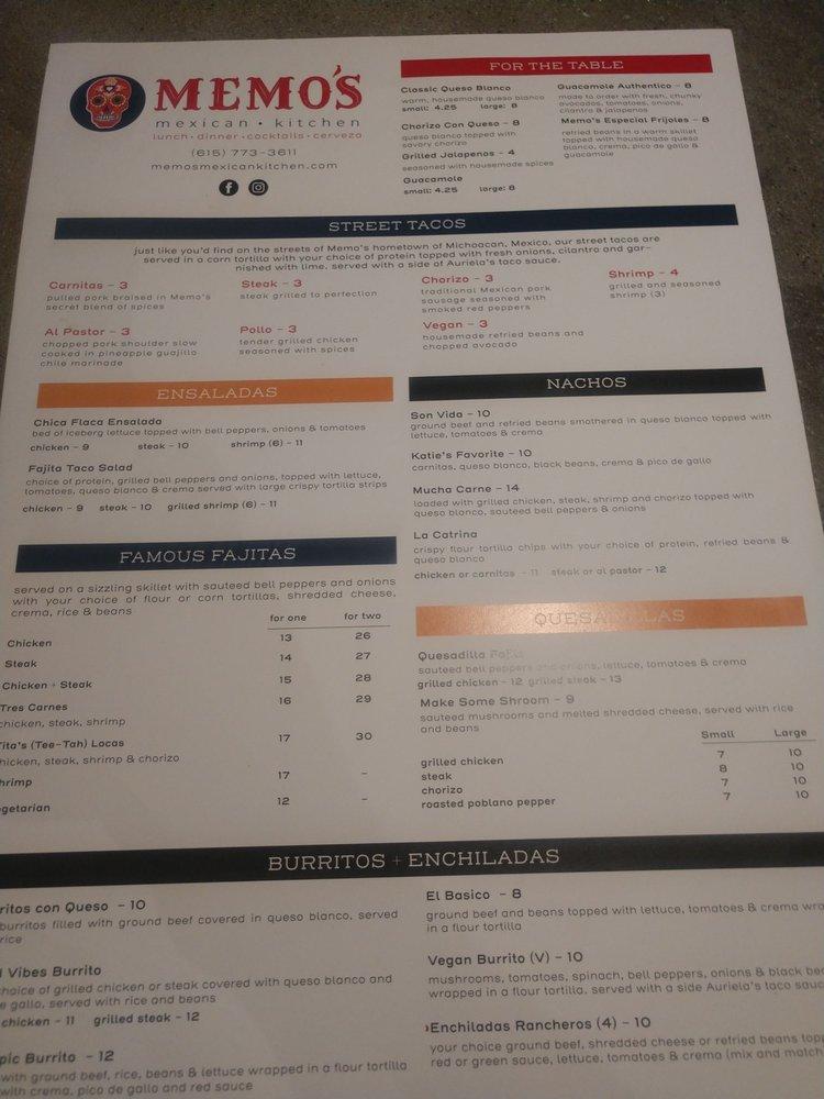 Menu at Memo's Mexican Kitchen restaurant, Mount Juliet