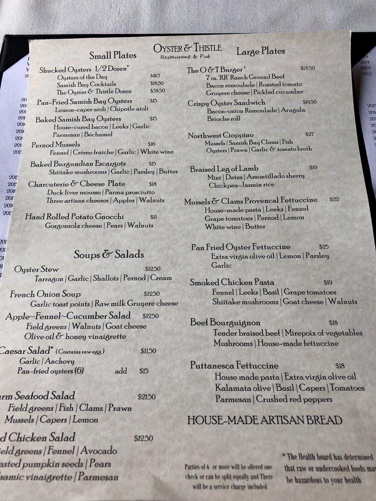 Menu at The Oyster & Thistle Restaurant & Pub, La Conner
