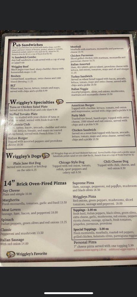 Menu at Wriggley's Pub, Georgetown
