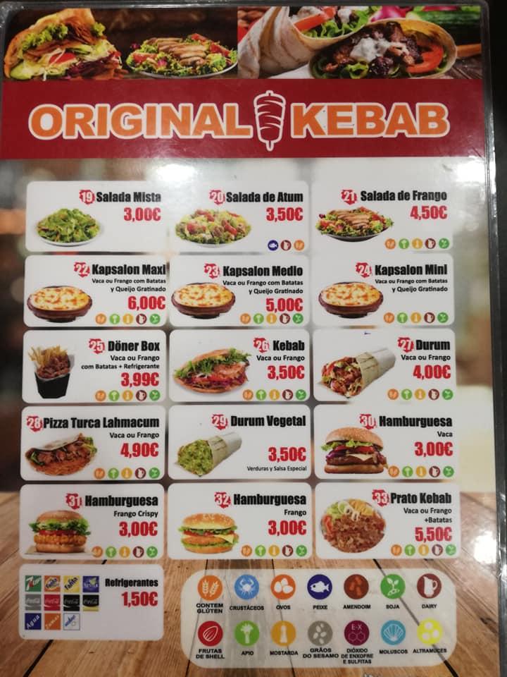 Menu at Original Kebab restaurant, Funchal