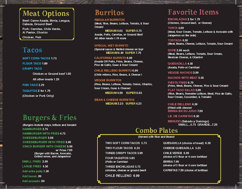 Menu at Taqueria Cinco De Mayo restaurant, Olivehurst