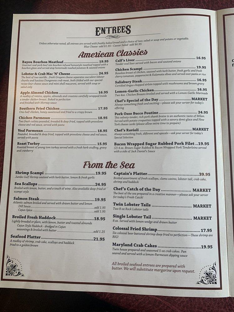 Menu at Tillmans Village Inn restaurant, Albion