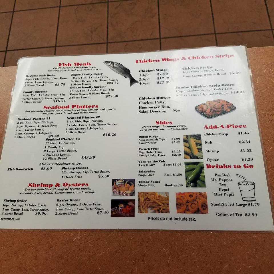 Menu at Fred's Fish Fry restaurant, San Antonio, Old Pearsall Rd