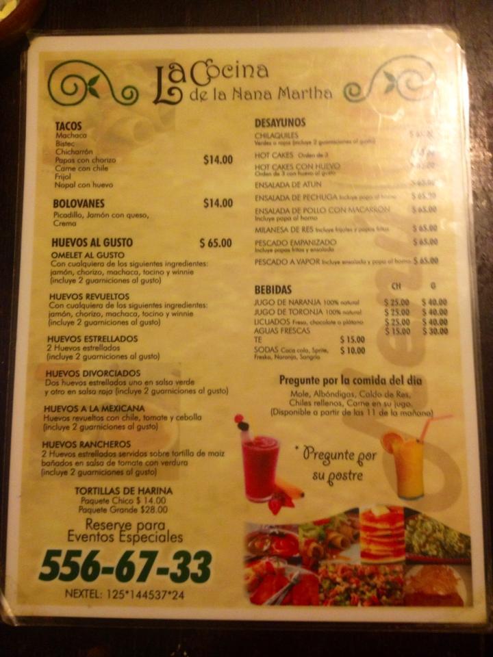 Menu at Nana Martha restaurant, Mexicali