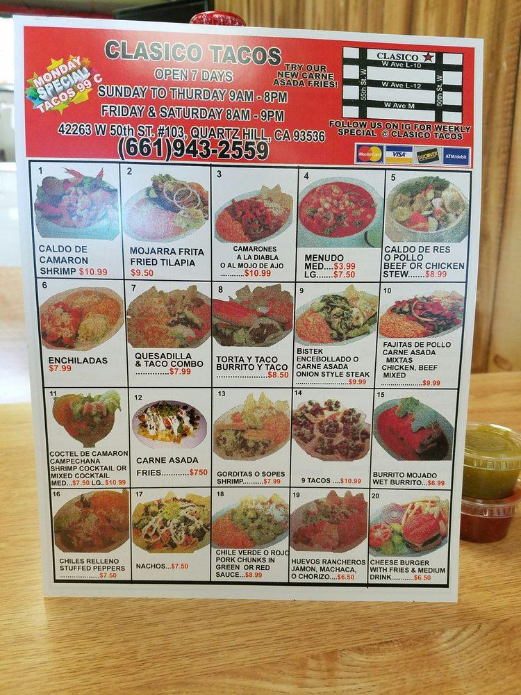 Menu at Clasico Taco's & Pizza restaurant, Quartz Hill