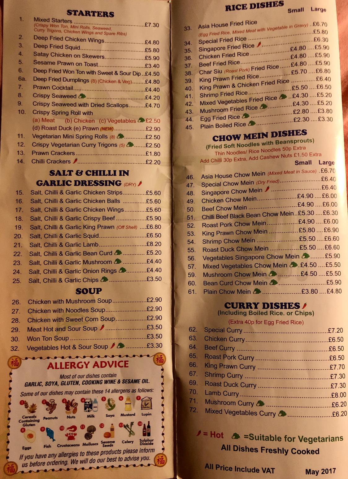 Menu at Asia Chinese Takeaway fast food, Witney