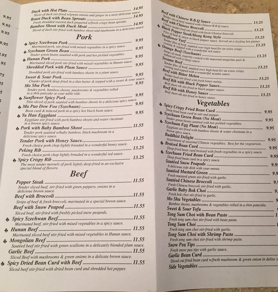 Menu at Sunflower Chinese Restaurant, Columbus, Sawmill Rd