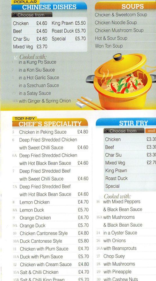 Menu at Top Fry restaurant, Falkirk