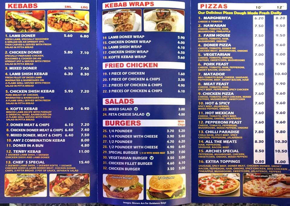 Menu at Arches Kebab Tenby fast food, Tenby, Lower Frog St