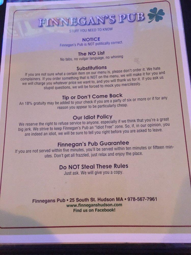 Menu at Finnegan's Pub, Hudson