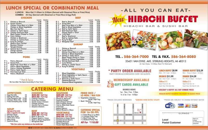Menu at Hibachi Buffet restaurant, Sterling Heights, Van Dyke Ave