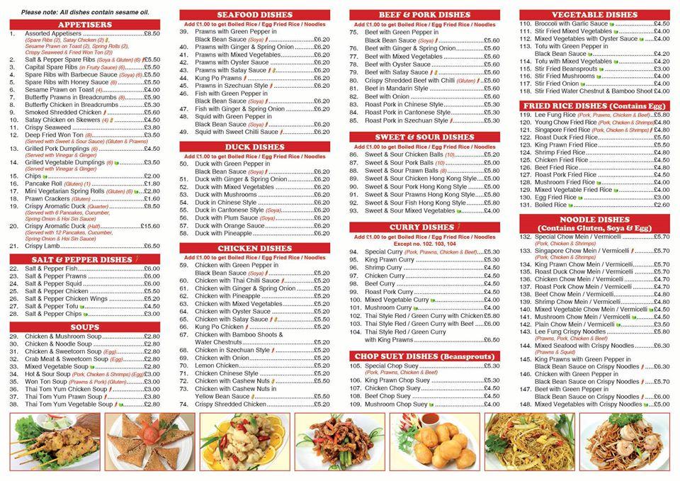 Menu at Lee Fung fast food, East Molesey