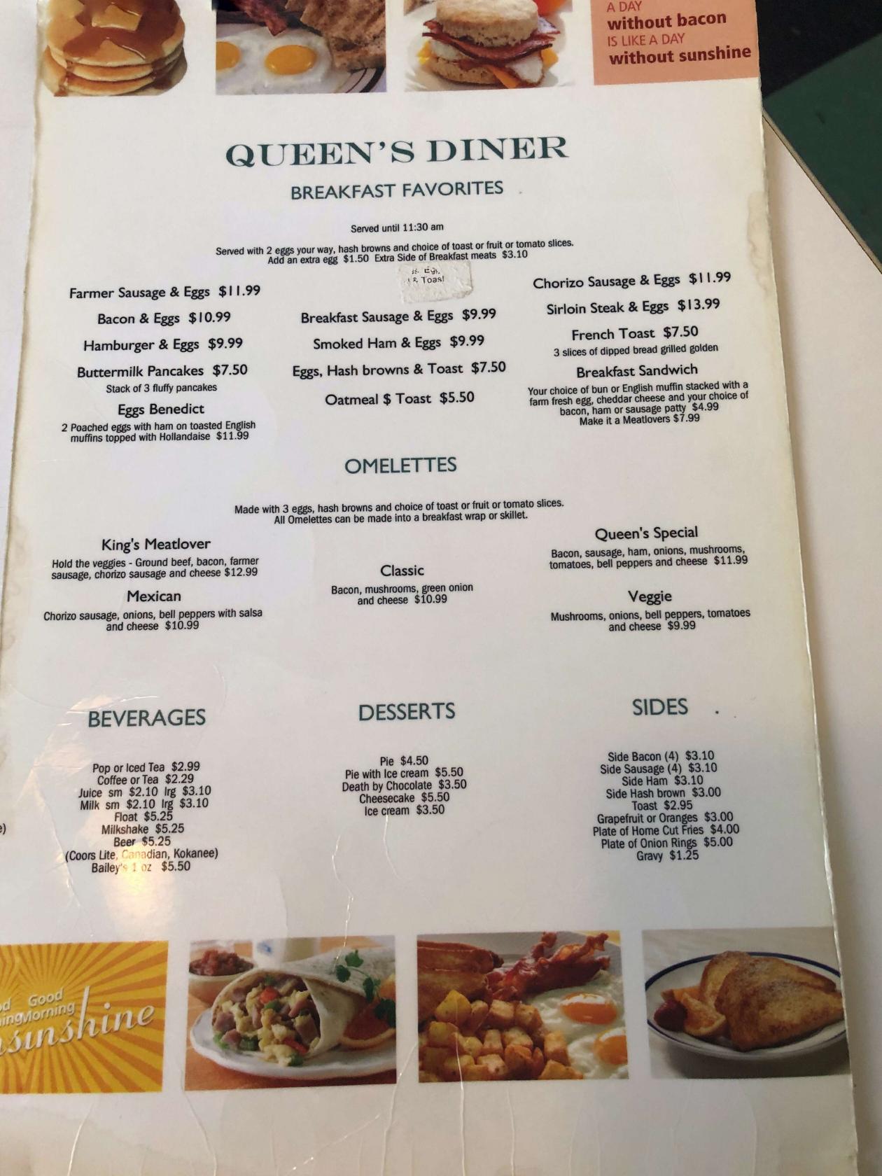 Menu at Queen's Diner restaurant, Red Deer