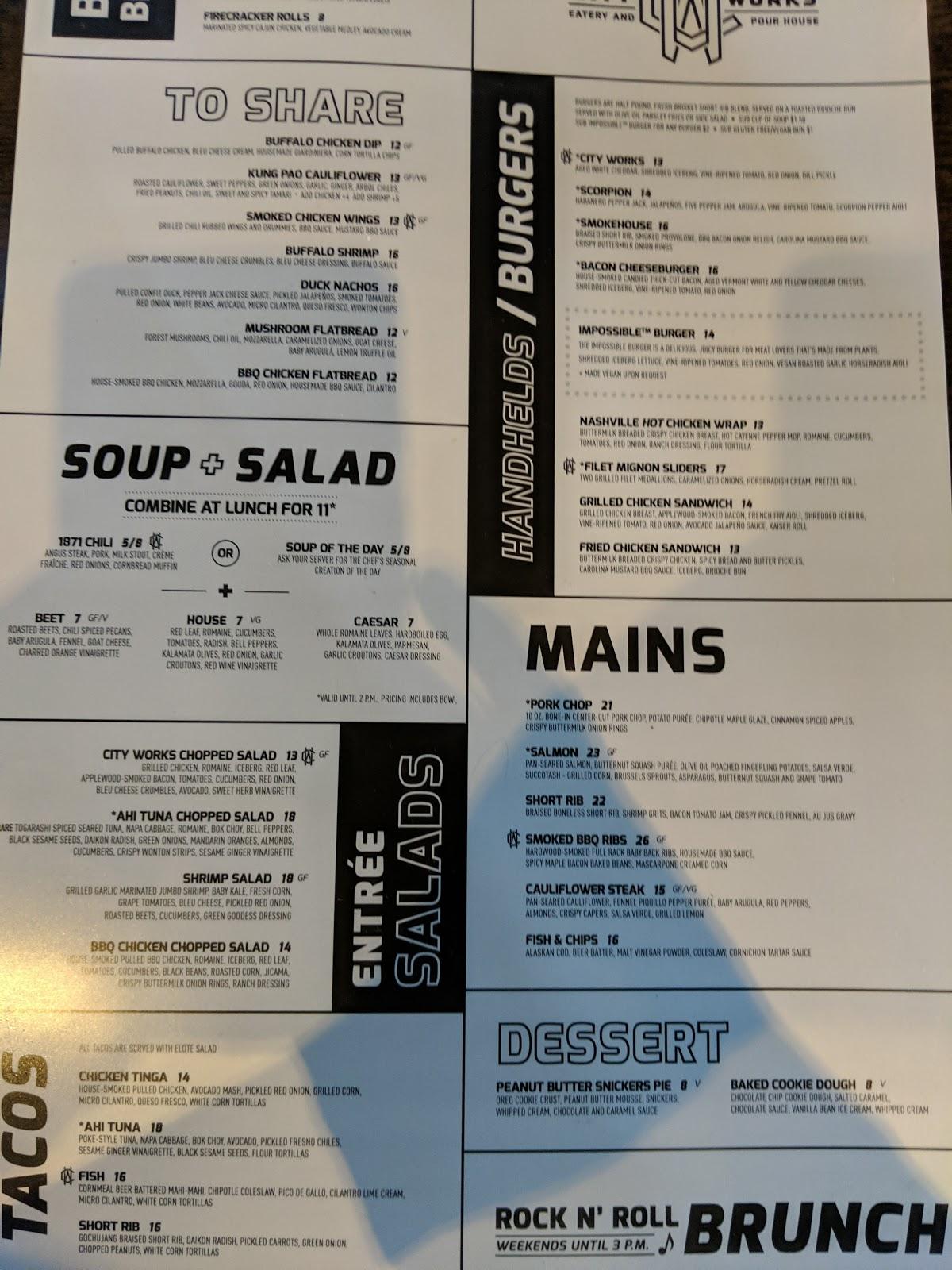 Menu at City Works (Market Square Pittsburgh) restaurant, Pittsburgh