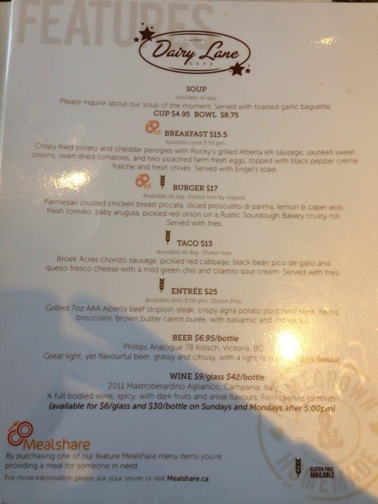 Menu at Dairy Lane Cafe, Calgary