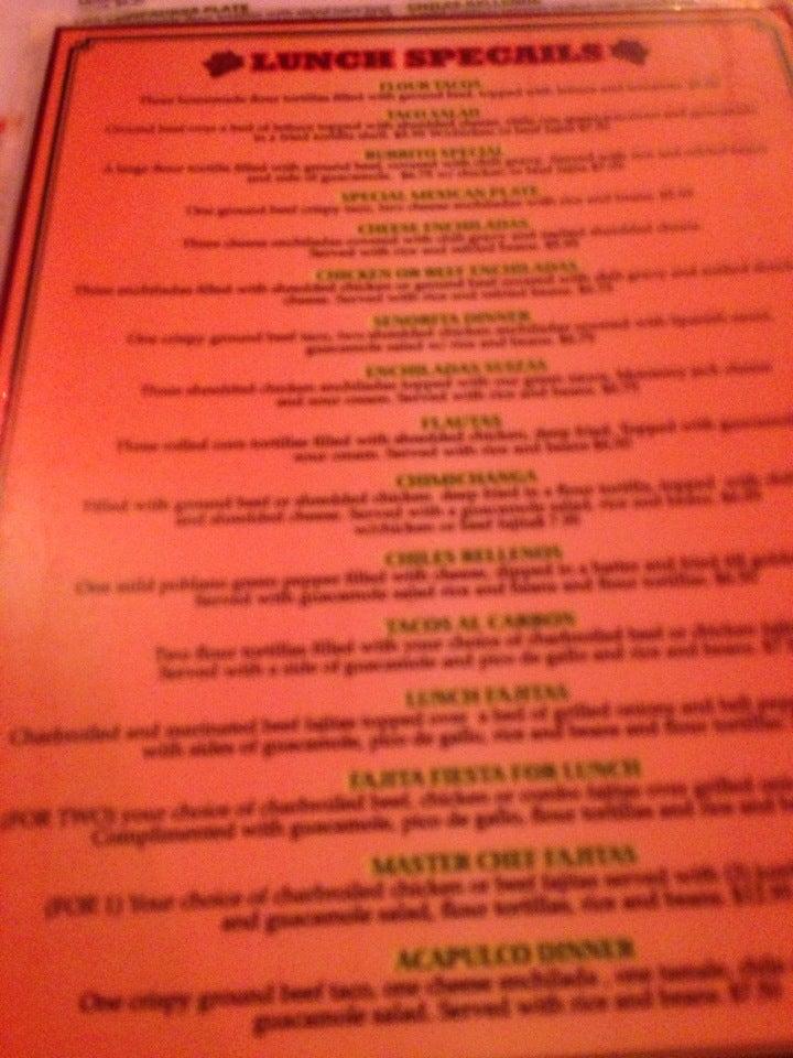 Menu at Tia Maria's restaurant, Houston, St