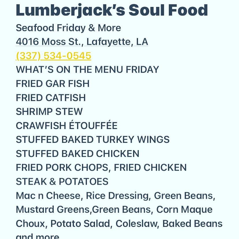 Menu at LUMBERJACK'S SOUL FOOD AND MORE restaurant, Lafayette