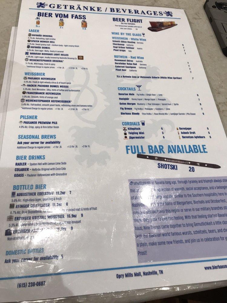 Menu At Bavarian Bierhaus Pub & Bar, Nashville, 121 Opry Mills Dr