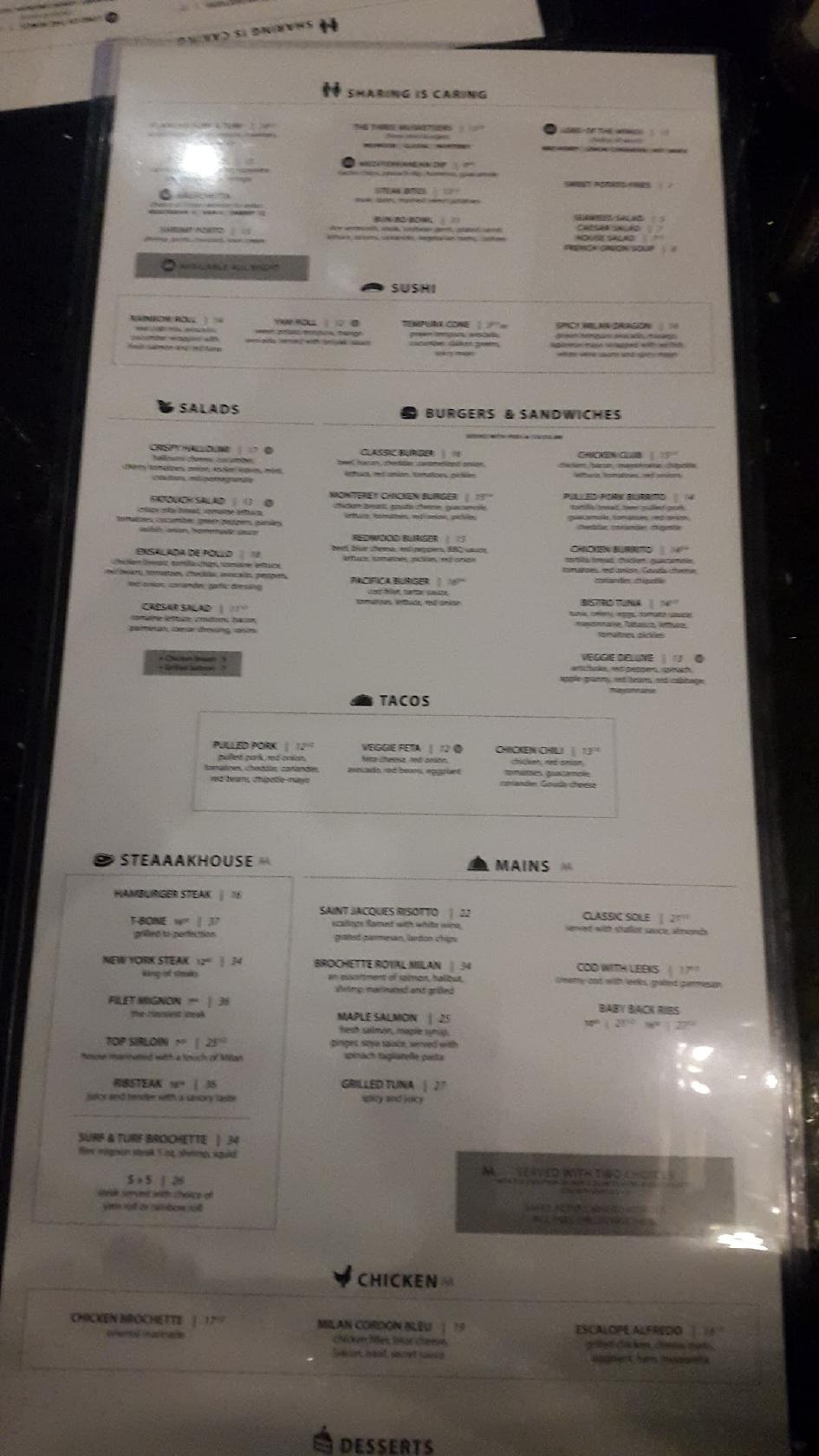 Menu at Milan Gatineau restaurant, Gatineau