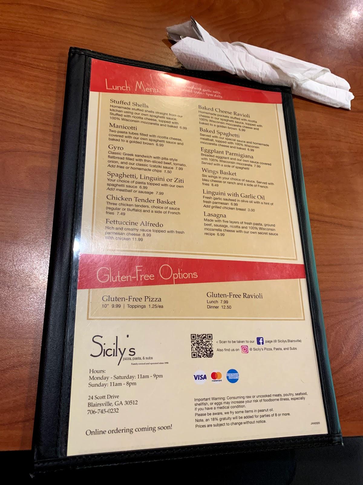 Menu at Sicily's Pizza, Pasta & Subs pizzeria, Blairsville