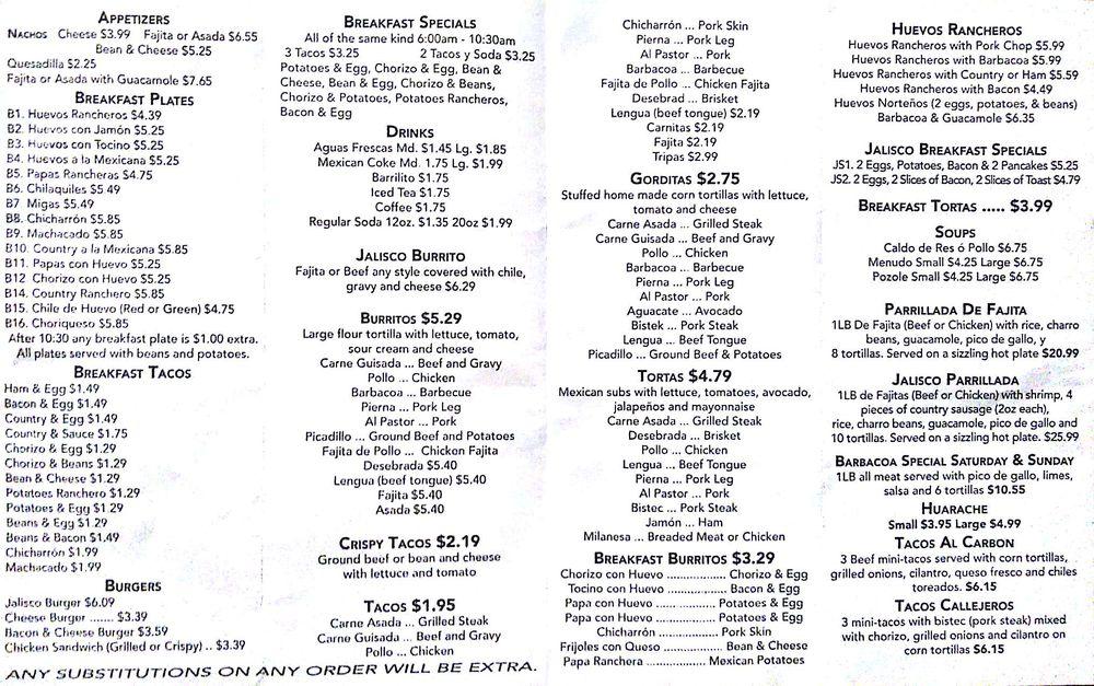 Menu at El Jalisco Mexican Restaurant 1 (San Antonio Location), San