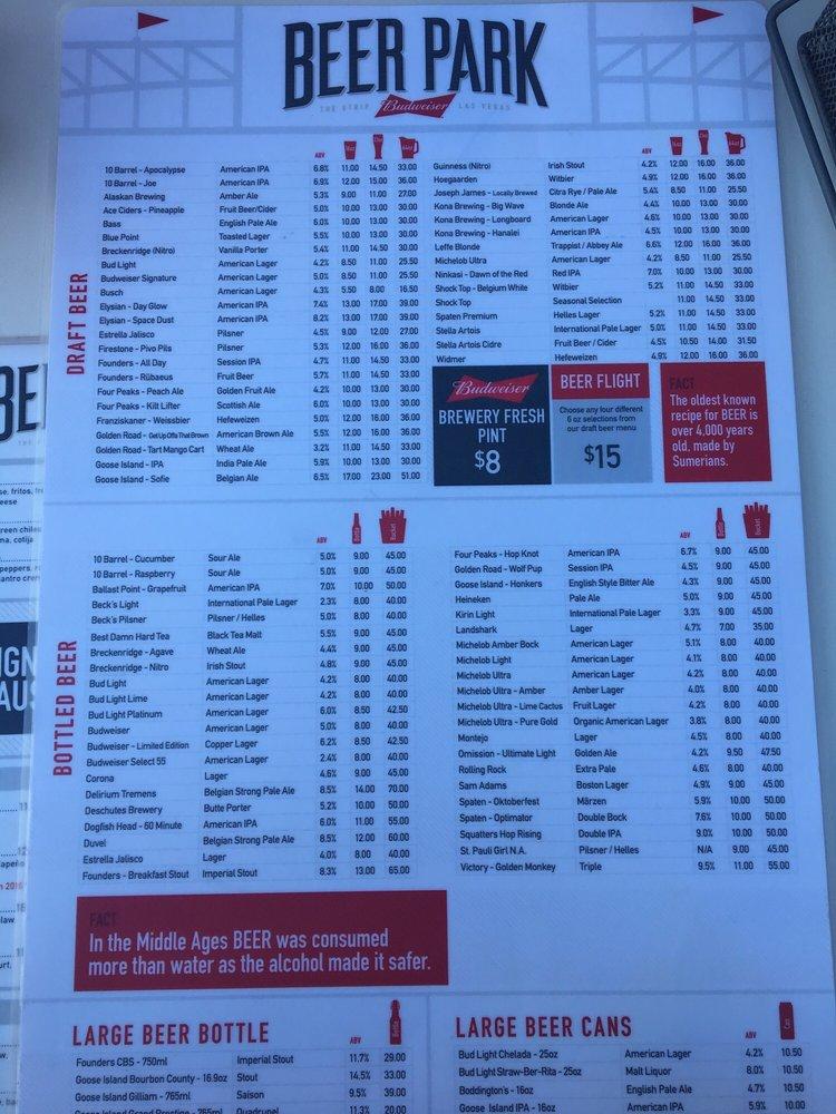 Menu at Beer Park pub & bar, Las Vegas, S Las Vegas Blvd