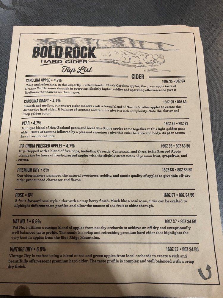 Menu at Bold Rock Mills River Cidery restaurant, Mills River
