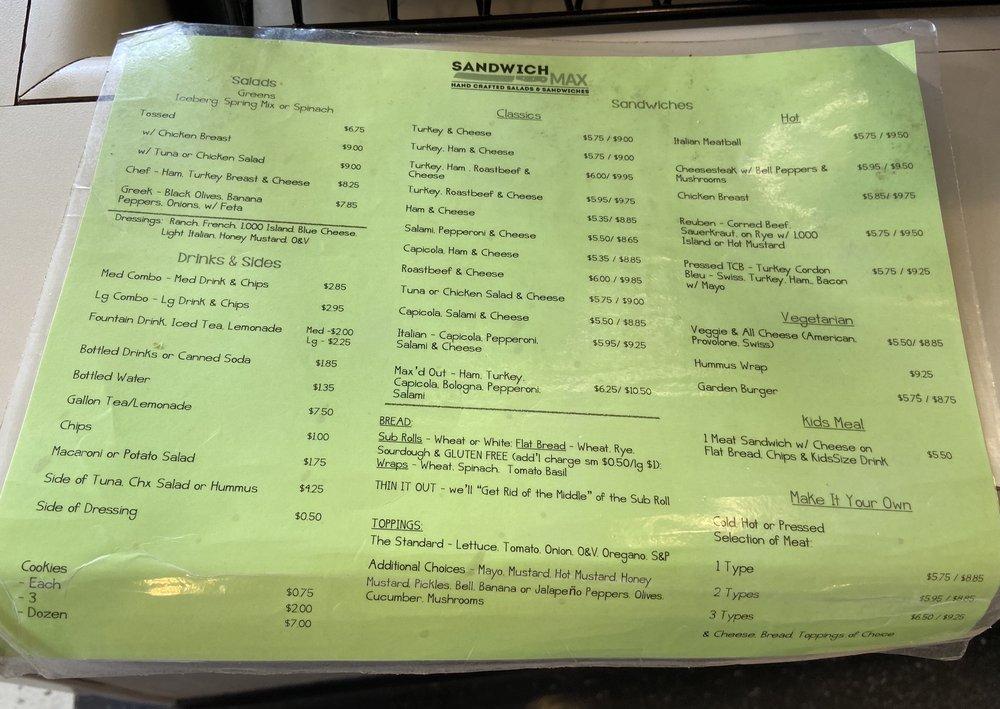 Menu at Sandwich Max Southend restaurant, Charlotte, South Blvd