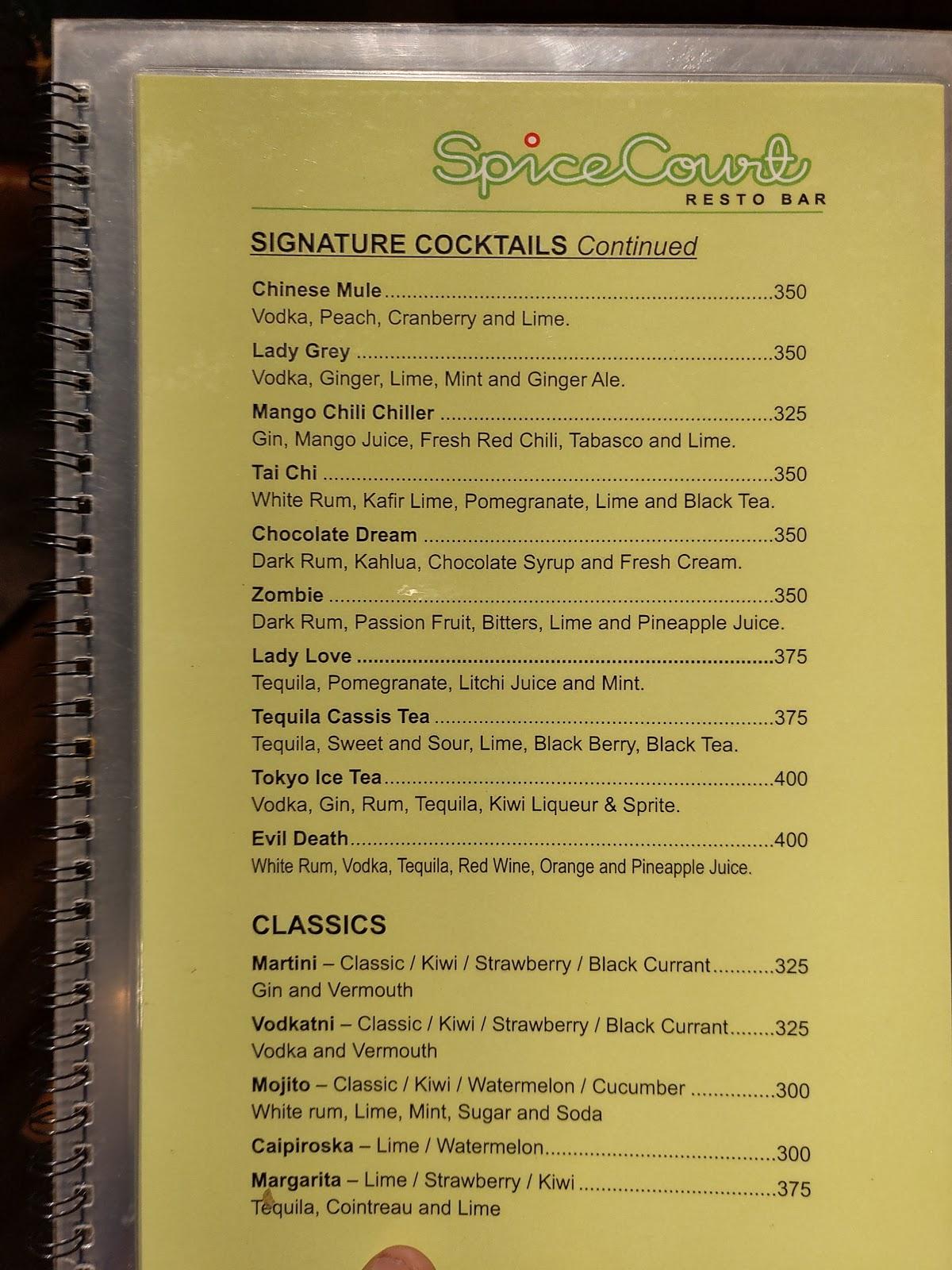 Spicecourt Restaurant and Bar in Pune menu