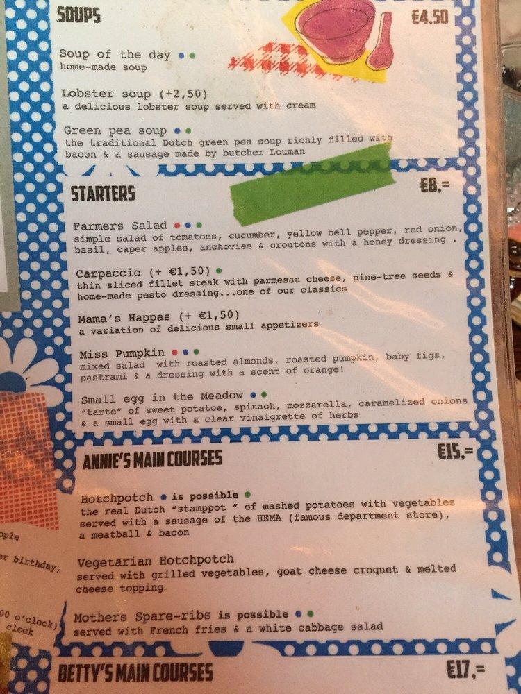 Menu at Moeders, Amsterdam, Rozengracht 251