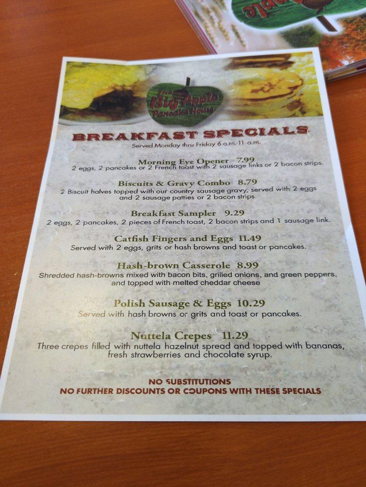 Menu at Big Apple Pancake House restaurant, Chicago Heights