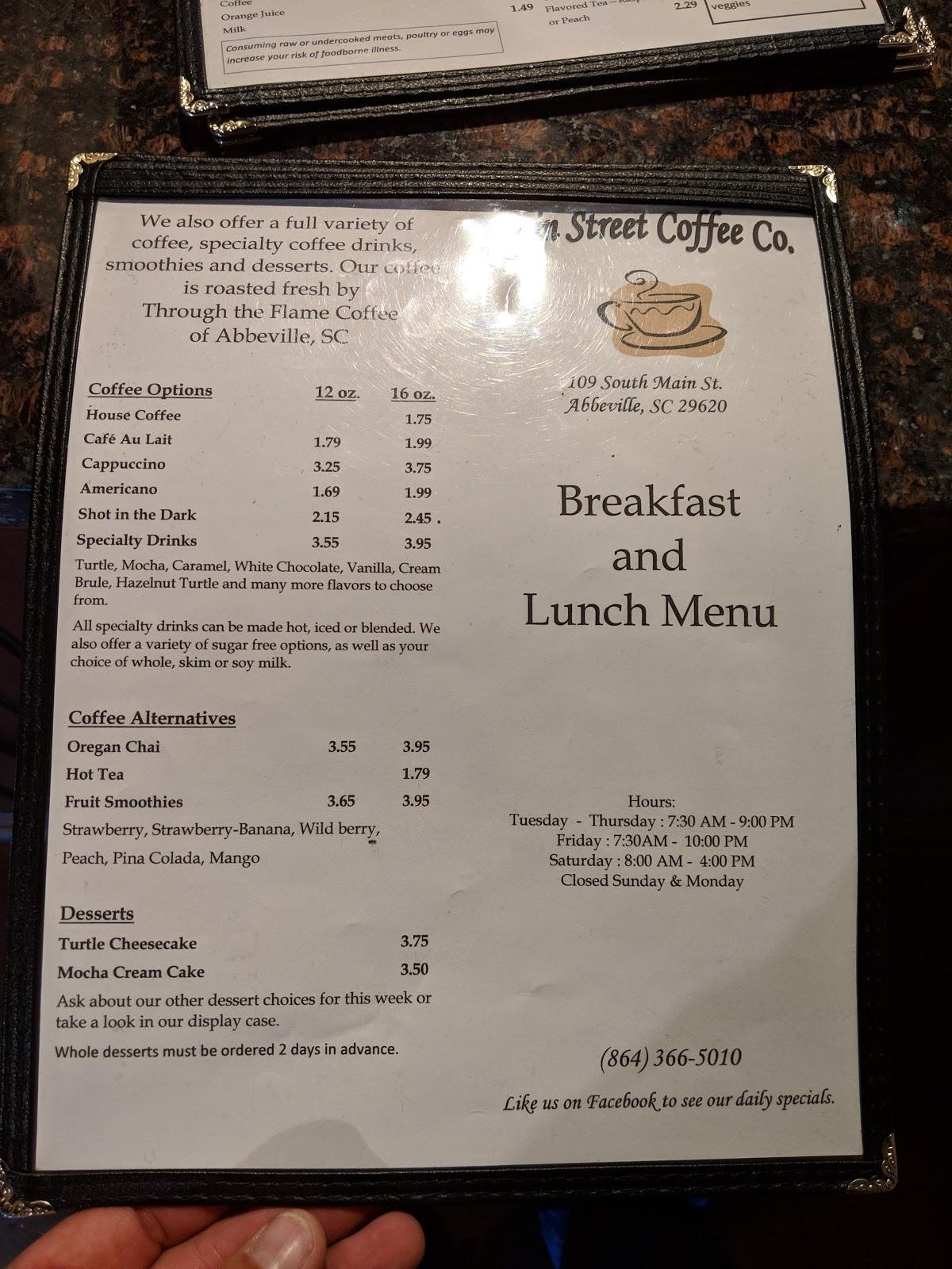 Menu at Main Street Coffee Co. cafe, Abbeville