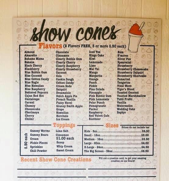 Menu at Show Cones restaurant, Brownwood